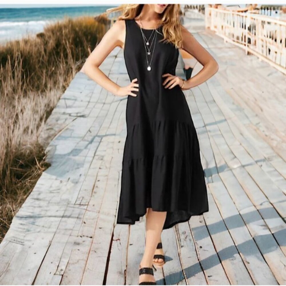Tommy Bahama Lena Linen Blend Gauze Midi Sundress Resort M low-high w pockets